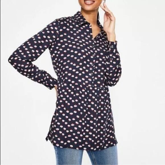 BODEN Navy Floral Babydoll Drop Hem 100% Viscose Button Down Tunic top Size 8R - Picture 1 of 5